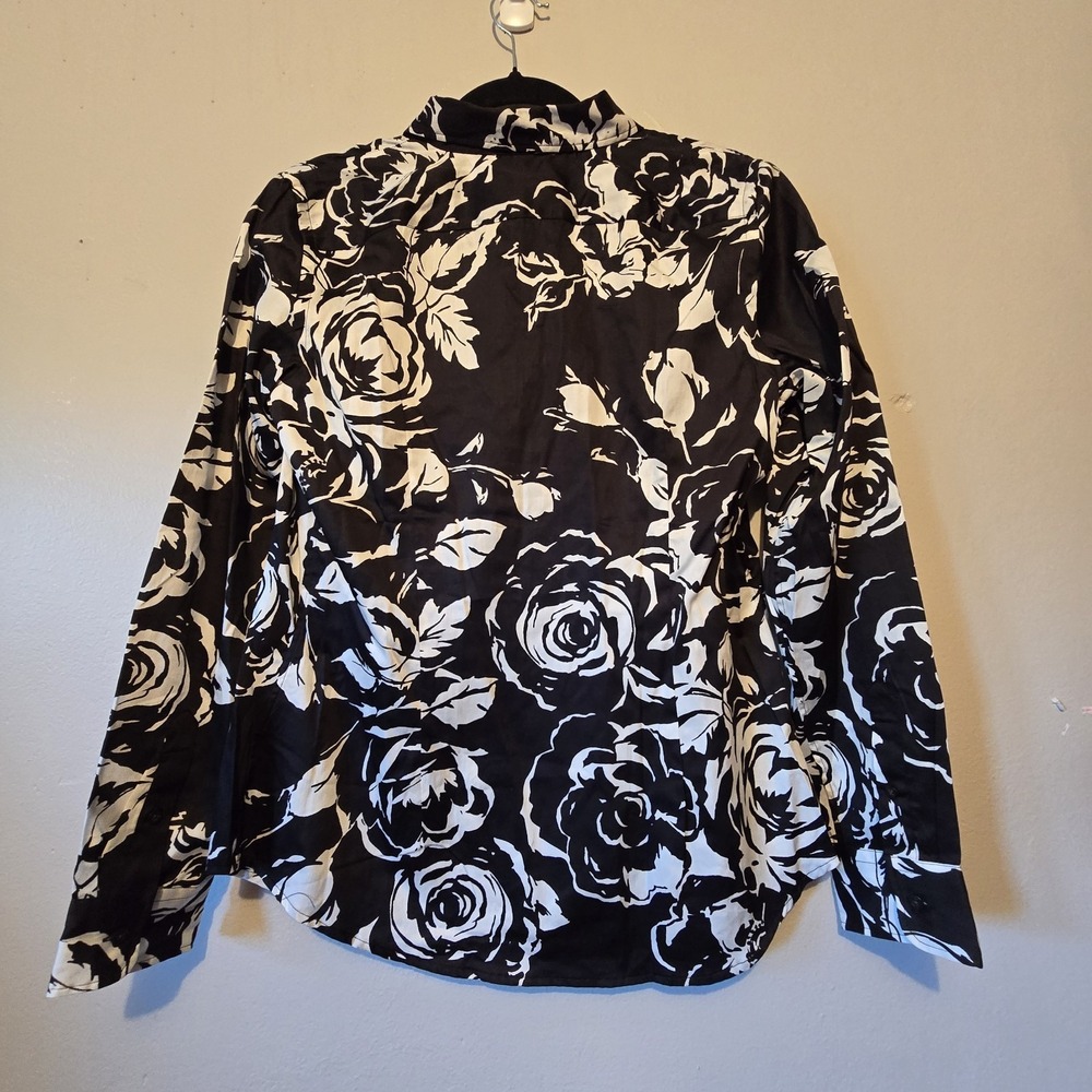 Lauren Ralph Lauren NWT Floral Top Women's MED Black Cotton Office Preppy Button - Picture 12 of 13